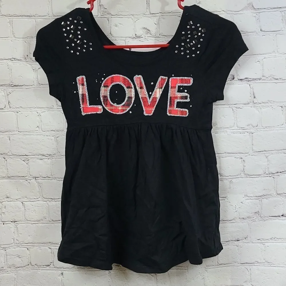 Justice Girls LOVE Plaid Glitter Rhinestone Stud Tunic Tee Black Size 10 Medium
